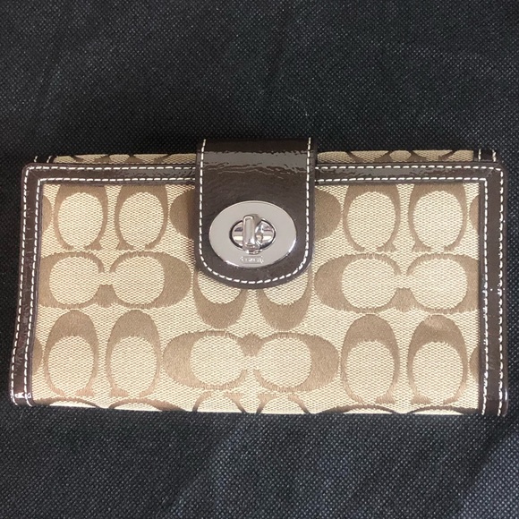 COACH Brown Monogram Silver Twist Lock Bifold Wallet with Contrasting Stitch - Picture 6 of 17